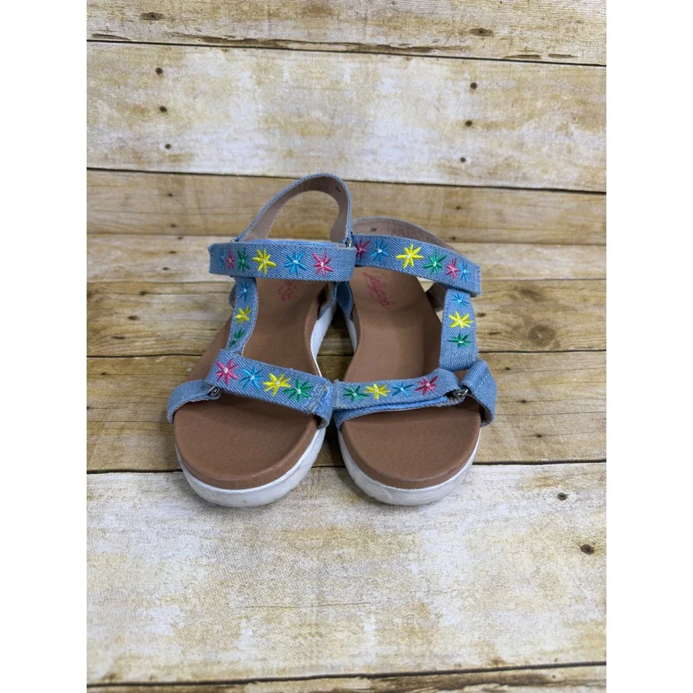 Jellypop Kids Blue Denim Embroidered Floral Strappy Sandals Size 3M Hook Loop